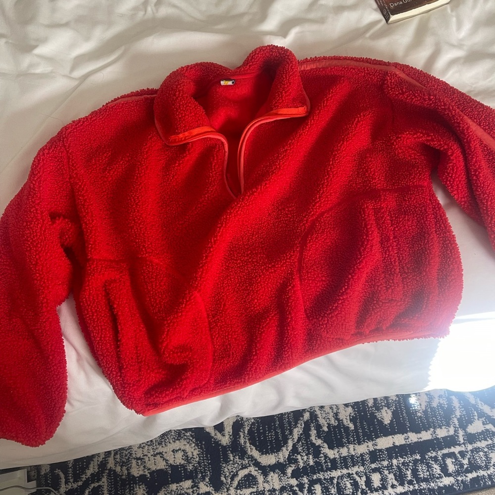 old navy red sherpa quarter zip
